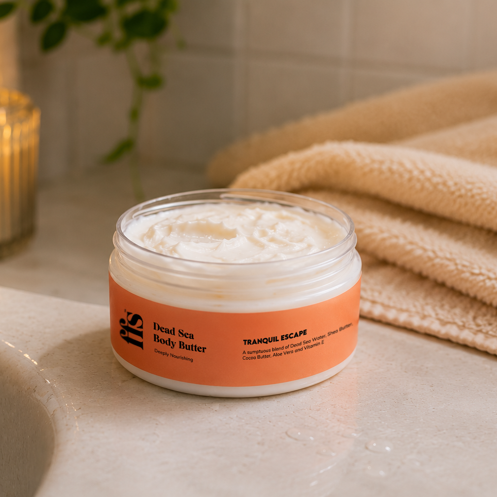 Open jar of FFS Tranquil Escape Dead Sea Body Butter on a bathroom counter beside folded towels and a candle