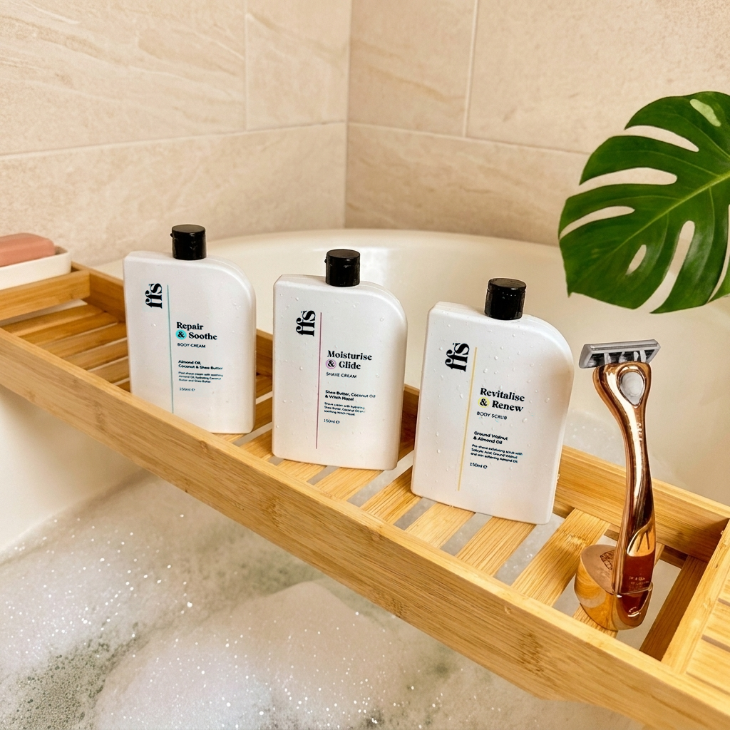 FFS three-step shaving range lined up on a wooden bath rack — Body Scrub, Shave Cream and Body Cream, with a rose gold razor
