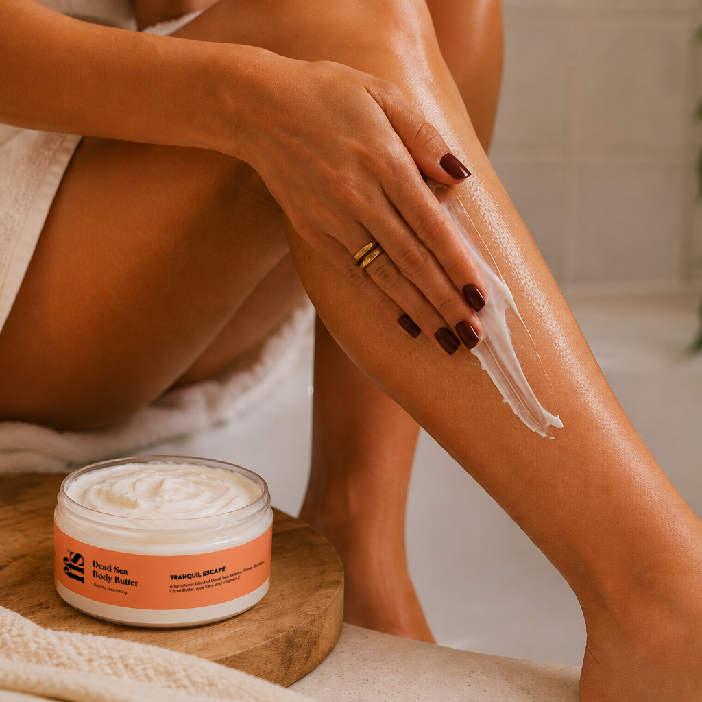 Woman massaging FFS Tranquil Escape Dead Sea Body Butter into her leg, with the open tub on a wooden tray nearby